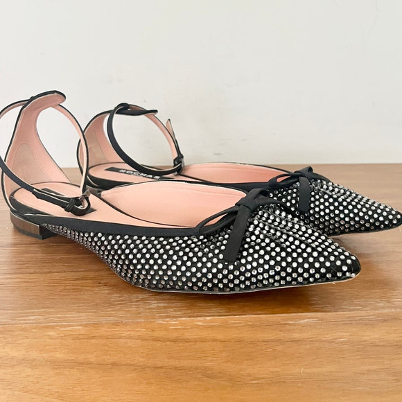 Rochas Rhinestone Embellished Pointed Toe Flat Sandal Black Womens Size 38.5/8.5 - Picture 1 of 14